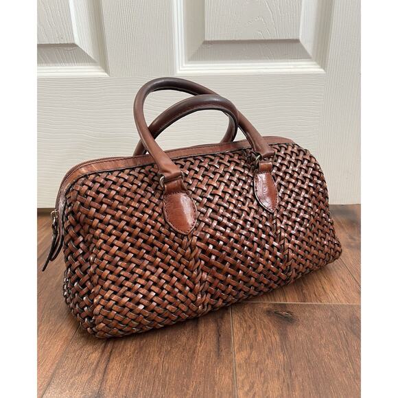 TALBOTS Vintage Brown Leather Woven Zip Top Handle Doctor's Bag Purse Satchel - Picture 9 of 15